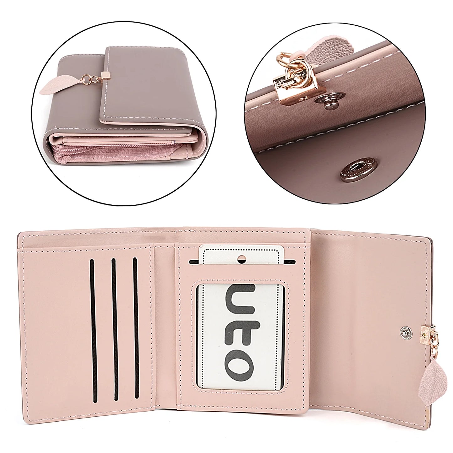 Small Wallet for Women PU Leather RFID Blocking Card Holder Zipper Coin Purse with Leaf Pendant(Pale Mauve)