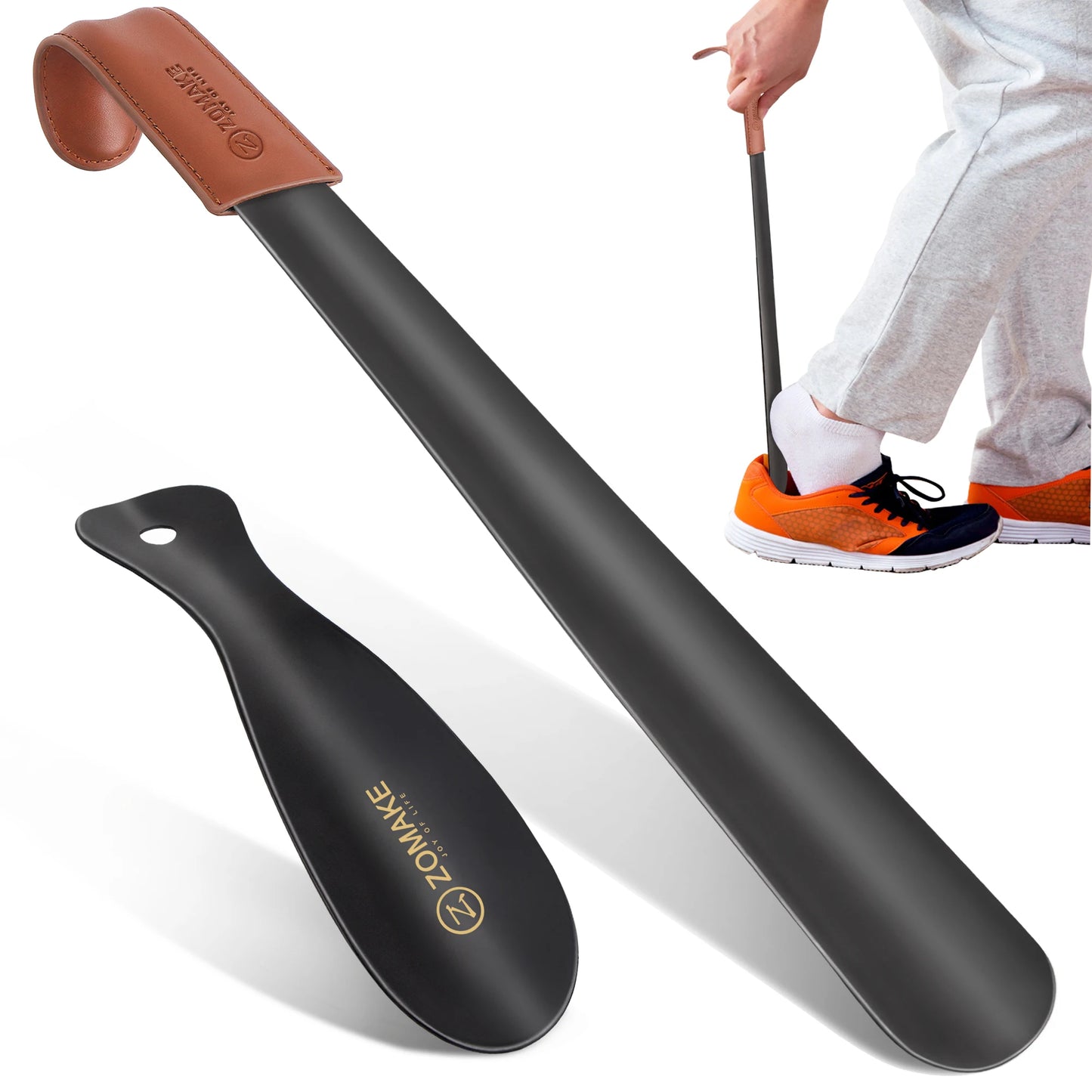 2Pc Metal Shoehorn Leather Long Handle with Travel Shoe Horn Helper Wear Shoe Lifter Accessories for Men Women Kids