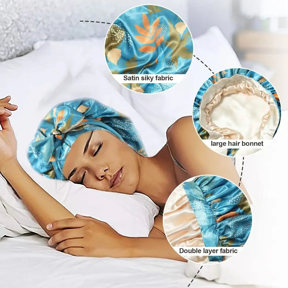 Double-Layer Satin Sleep Cap Soft Stretchy Tie Band Adjustable Silk Hair Wrap Curly Hair Elastic Silky Satin Bonnet Sleeping