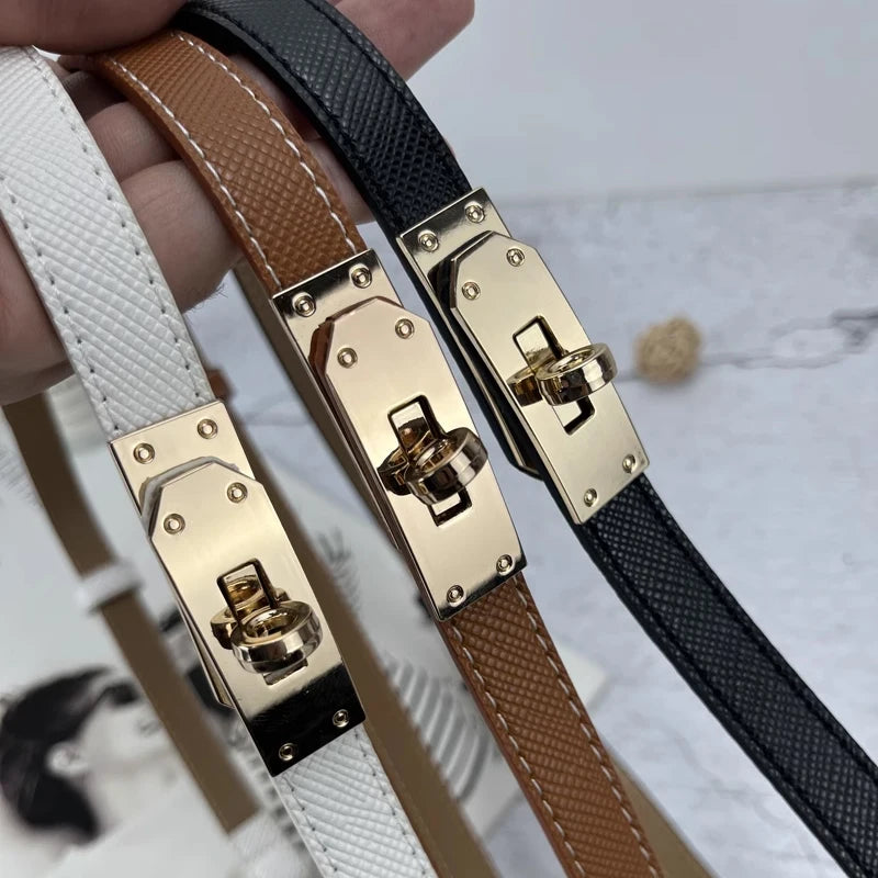 Fashion Adjustable Thin Belt Luxury Black PU Leather Female Designer Girdle Korean Corset Metal Buckle Belts for Women White