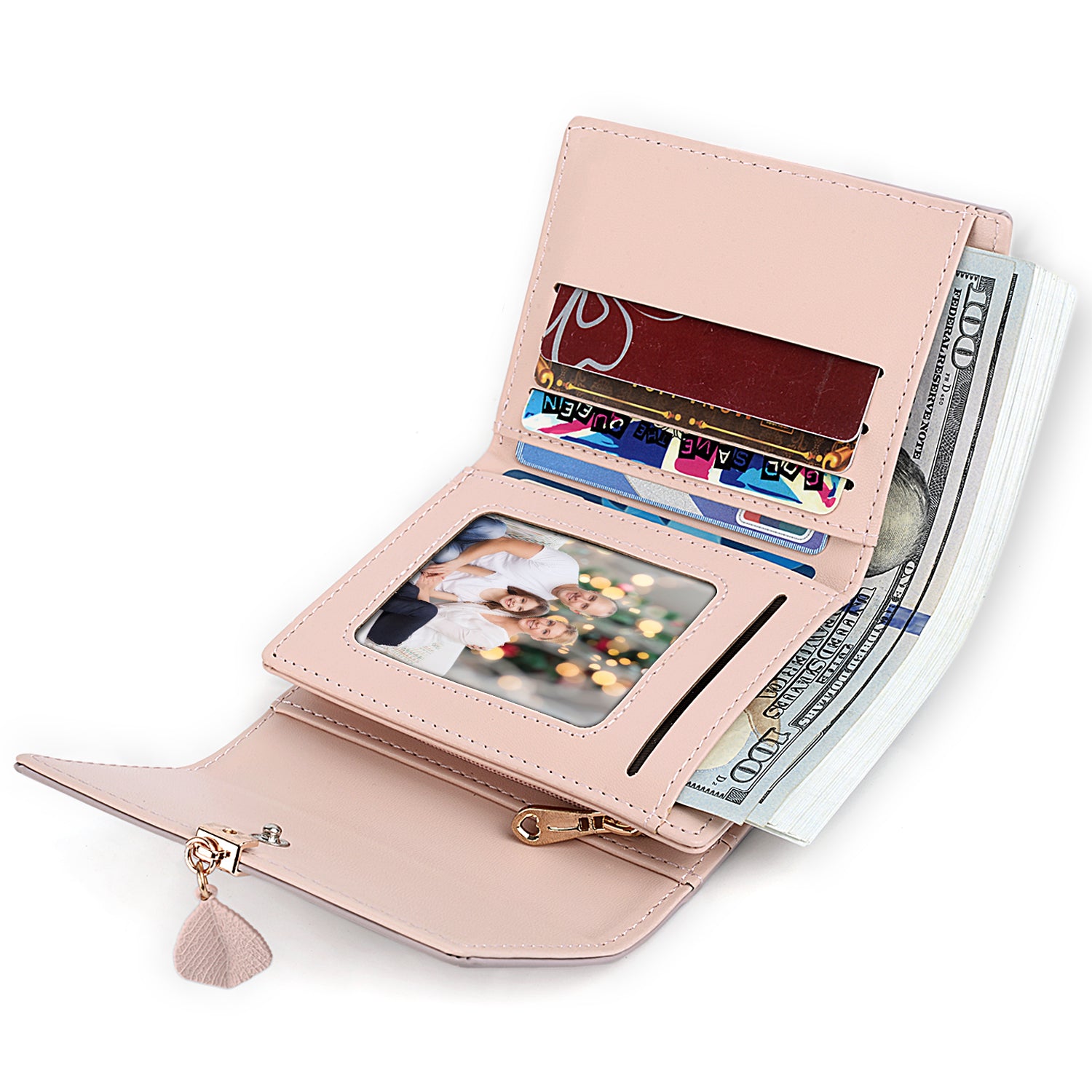 Small Wallet for Women PU Leather RFID Blocking Card Holder Zipper Coin Purse with Leaf Pendant(Pale Mauve)