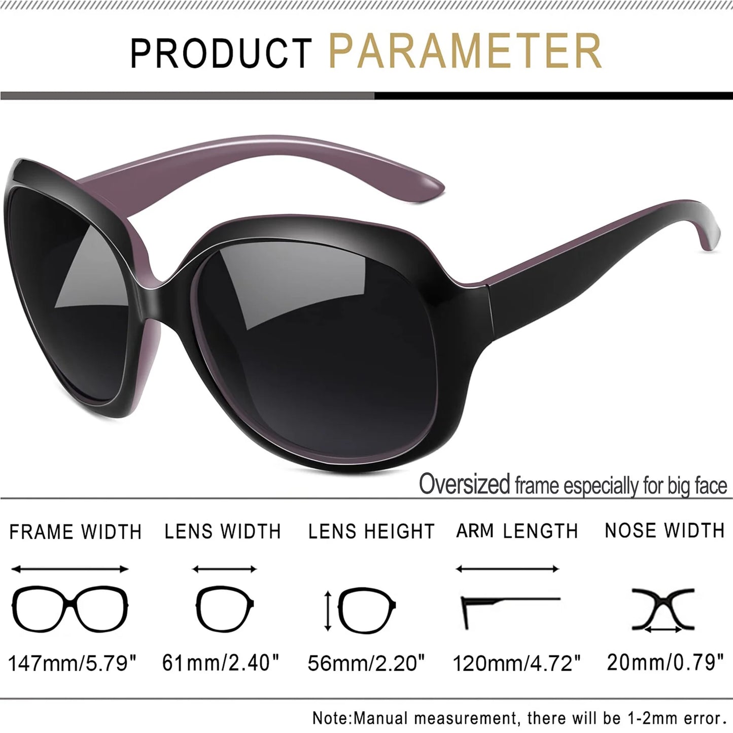 Polarized Sunglasses for Women, Ladies Wide Frame Sun Glasses UV Blocking (Black Purple)