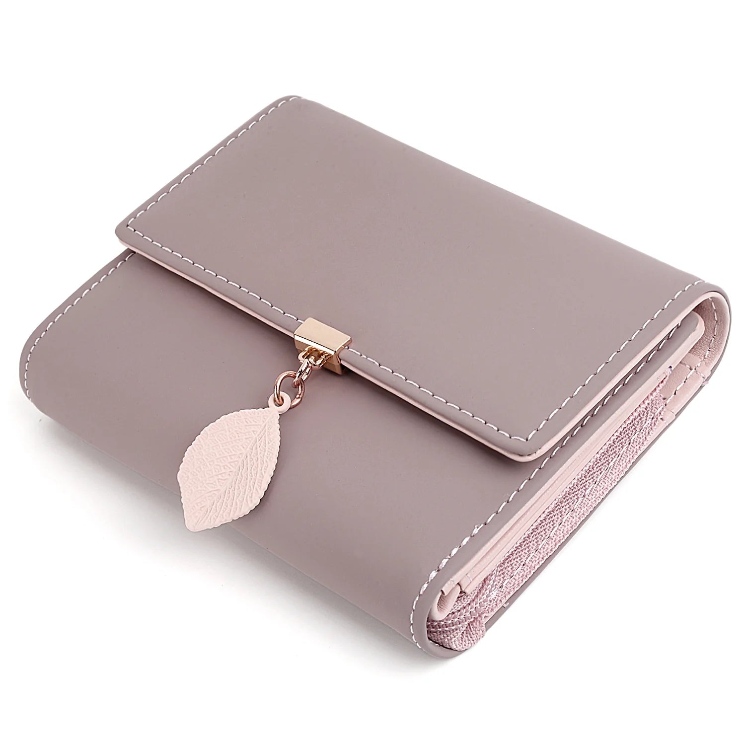 Small Wallet for Women PU Leather RFID Blocking Card Holder Zipper Coin Purse with Leaf Pendant(Pale Mauve)