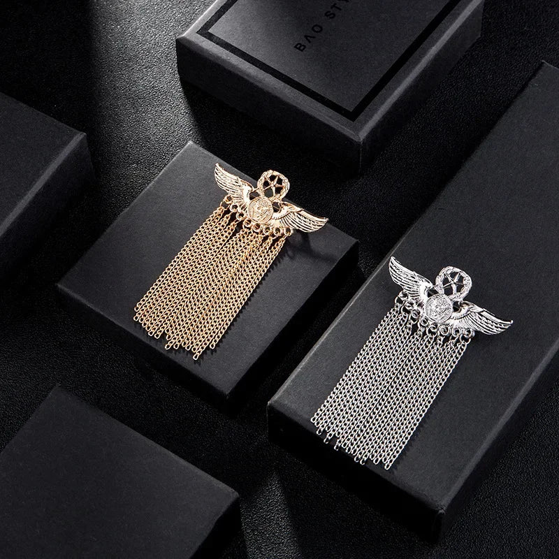 New Metal Five-Star Wing Brooch Medal Tassel Badge Pins and Brooches Luxury Men'S Suit Shirt Collar Clothing Jewelry Accessories