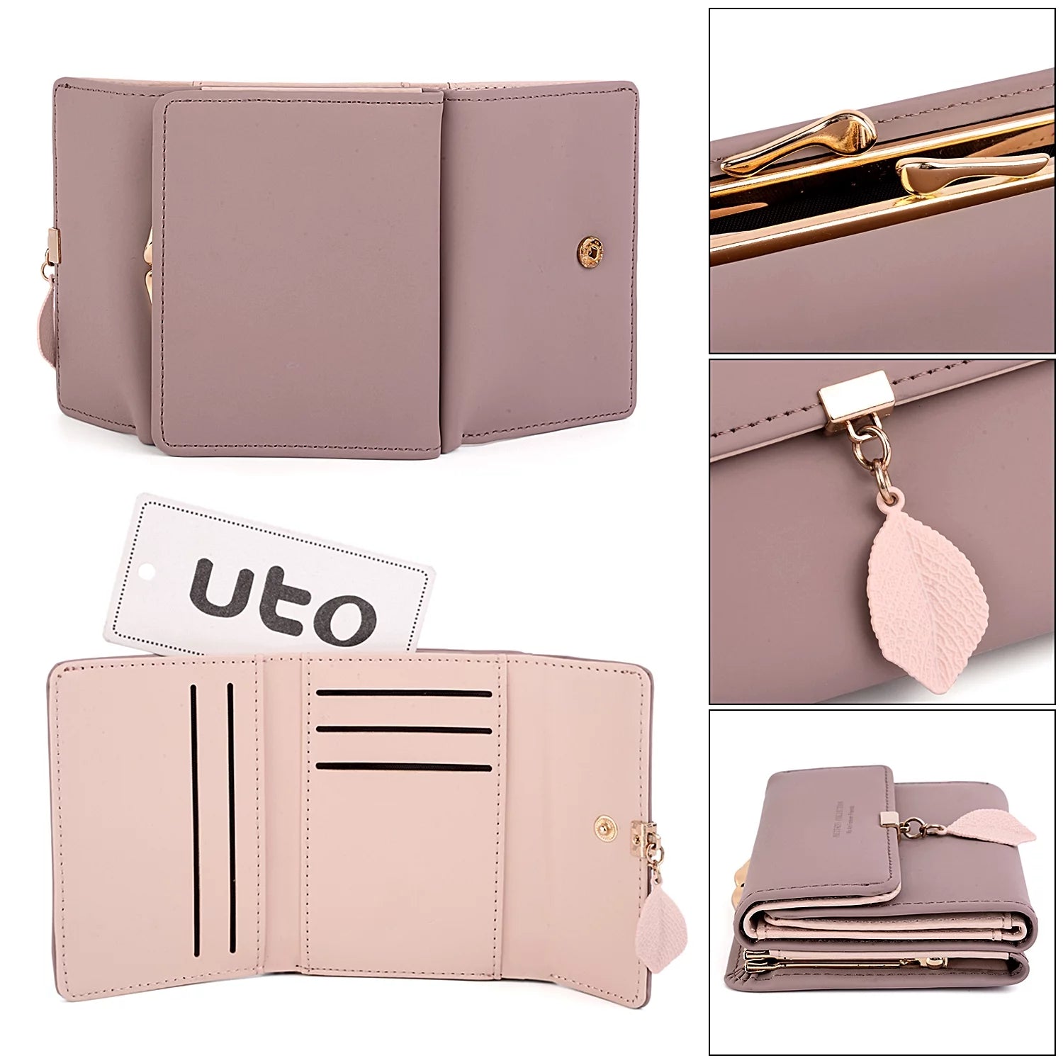 Small Wallet for Women PU Leather RFID Blocking Coin Purse Card Holder Trifold Ladies Purse Leaf Pendant(Pale Purple)