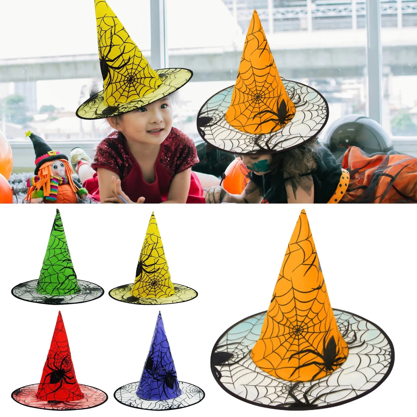 Hot Sale Adult Kids Black Witch Hats Masquerade Ribbon Wizard Costume Top Pointed Caps Cosplay Halloween Props Party Decoration