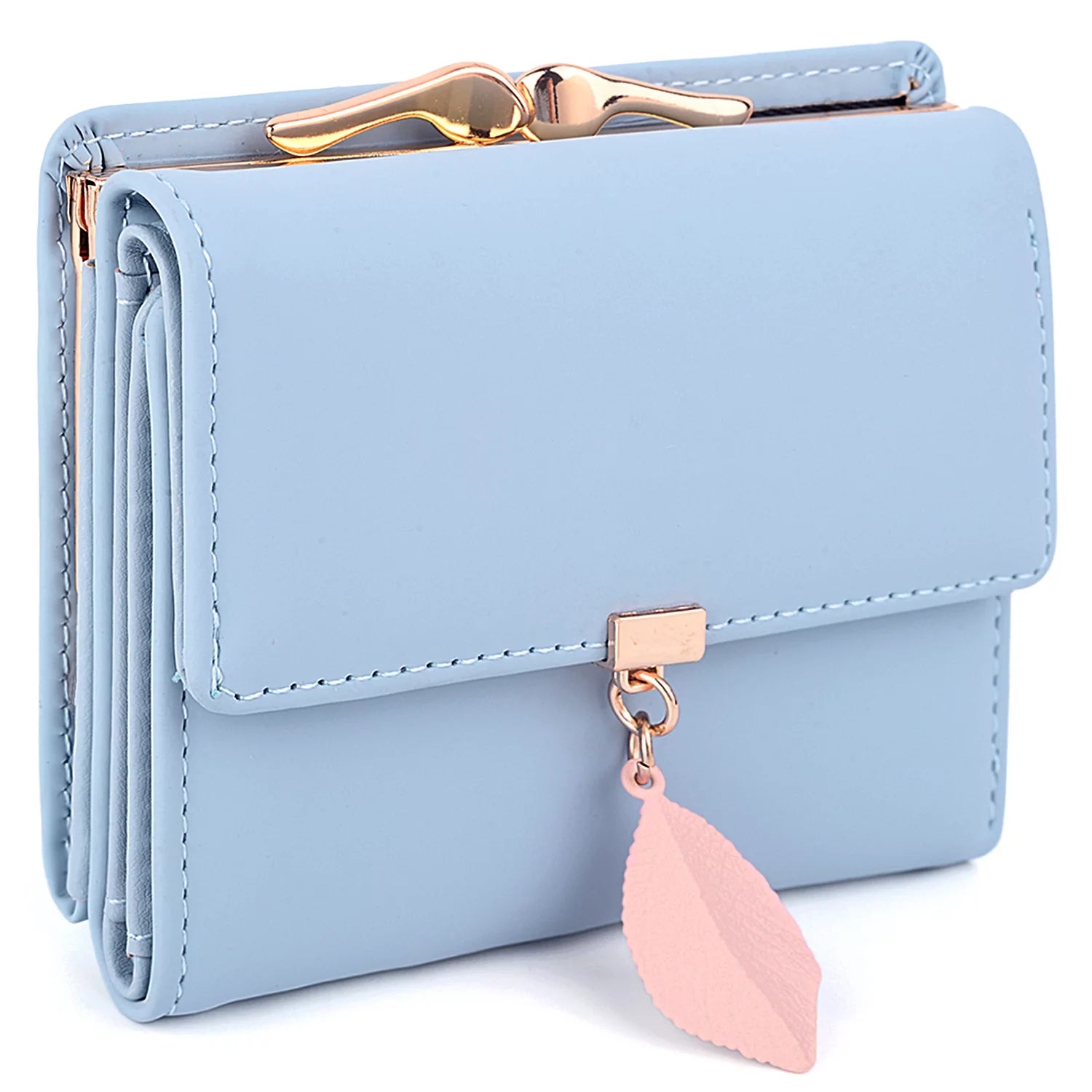 Small Wallet for Women PU Leather RFID Blocking Coin Purse Card Holder Trifold Ladies Purse Leaf Pendant(Light Blue)