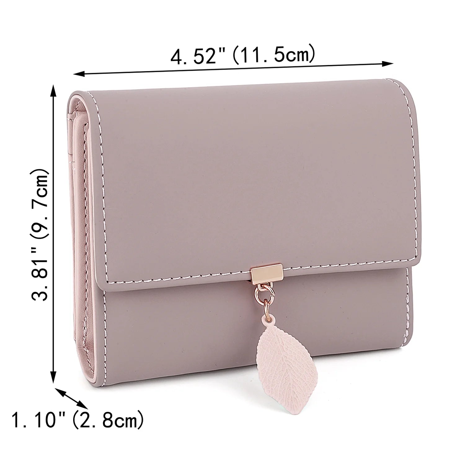 Small Wallet for Women PU Leather RFID Blocking Card Holder Zipper Coin Purse with Leaf Pendant(Pale Mauve)