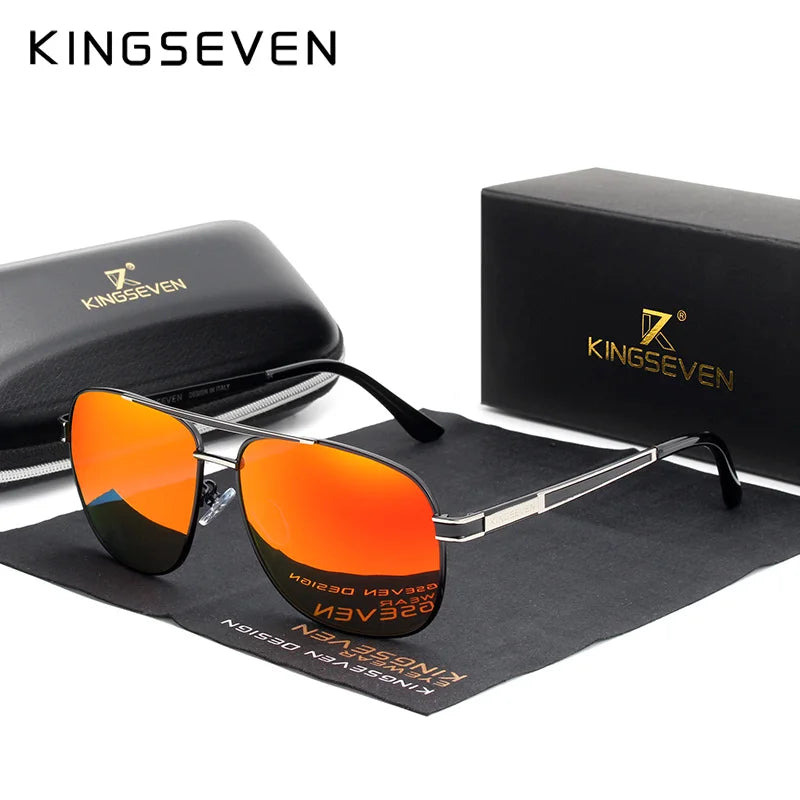 KINGSEVEN BRAND DESIGN Square Men'S Polarized Sunglasses Stainless Steel Designer Eyewear Sun Glasses Coating Mirror Oculos