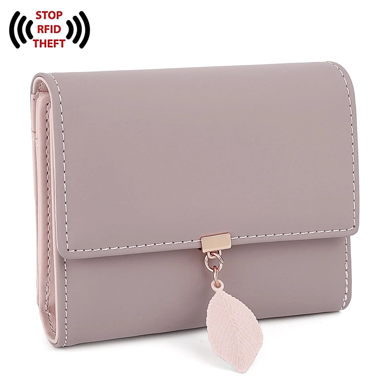 Small Wallet for Women PU Leather RFID Blocking Card Holder Zipper Coin Purse with Leaf Pendant(Pale Mauve)