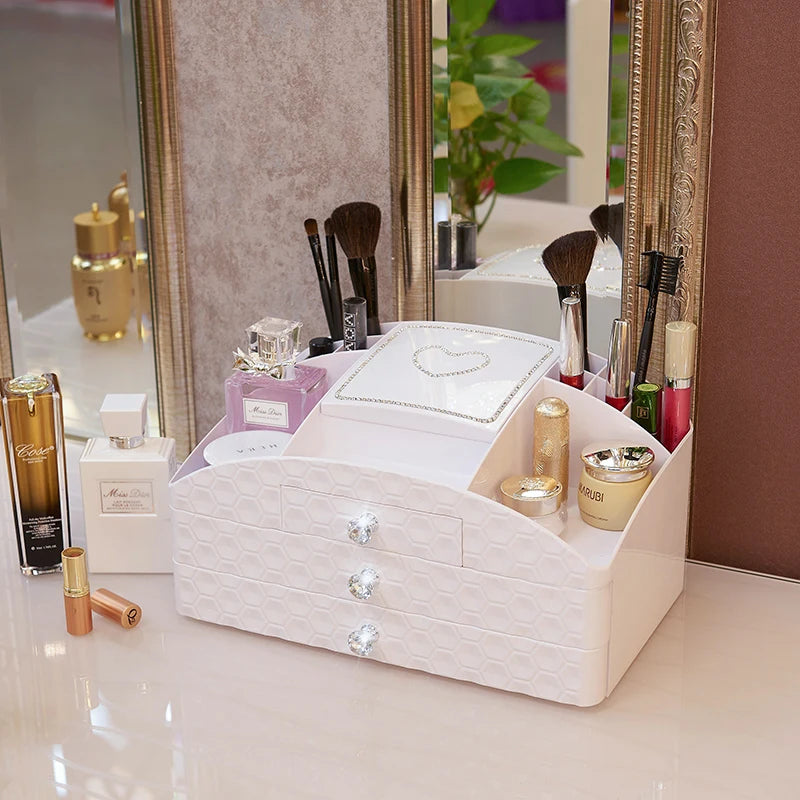 "Sparkle and Organize: Luxurious Multi-Layer Cosmetic Drawer Storage Box for Jewelry, Skin Care, and More!"